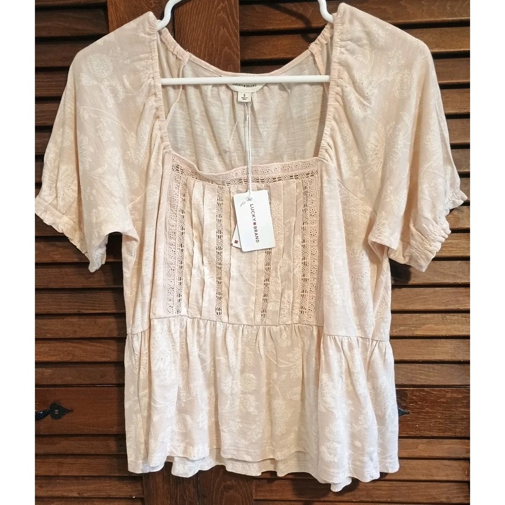 Lucky Brand Blouse Small Blush Pink Coquette Pleated Lace Ruffle Sleeve NWT